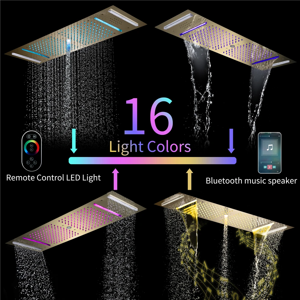 Ceiling Embedded 36*12inch Music Led Water Column Rain&Waterfall Shower Temperature Display Thermostatic Shower Faucet Set