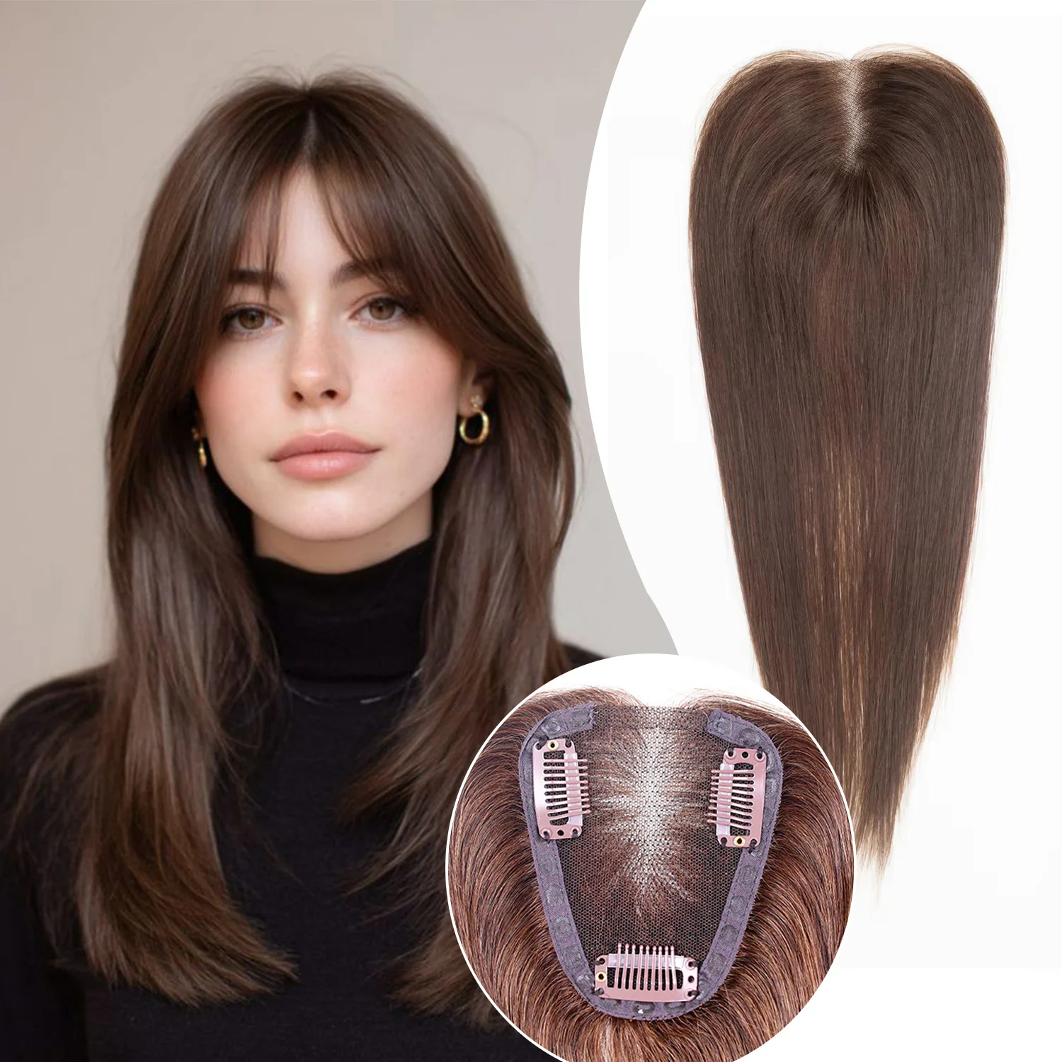 

Накладки для волос 16 дюймов для женщин, 3 крепления на клипсах, шелковая основа, 30 г, темно-коричневые, прямые, из натуральных человеческих волос, для наращивания волос