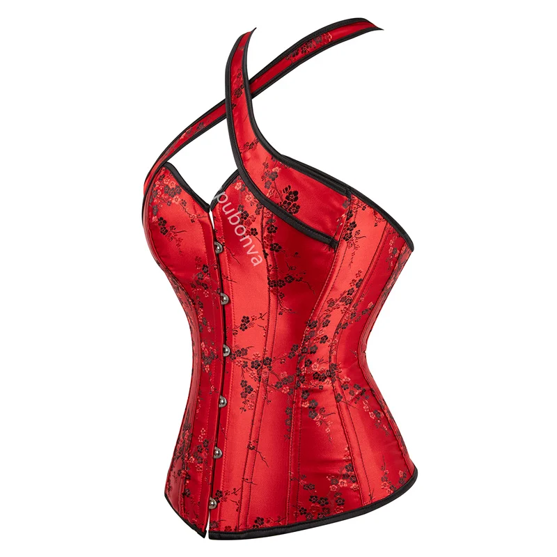 Corset Top Bustier Halter Strap Plus Size Embroidery Flower Lace UP Overbust Burlesque Costume Sexy Lingerie Women Red Black