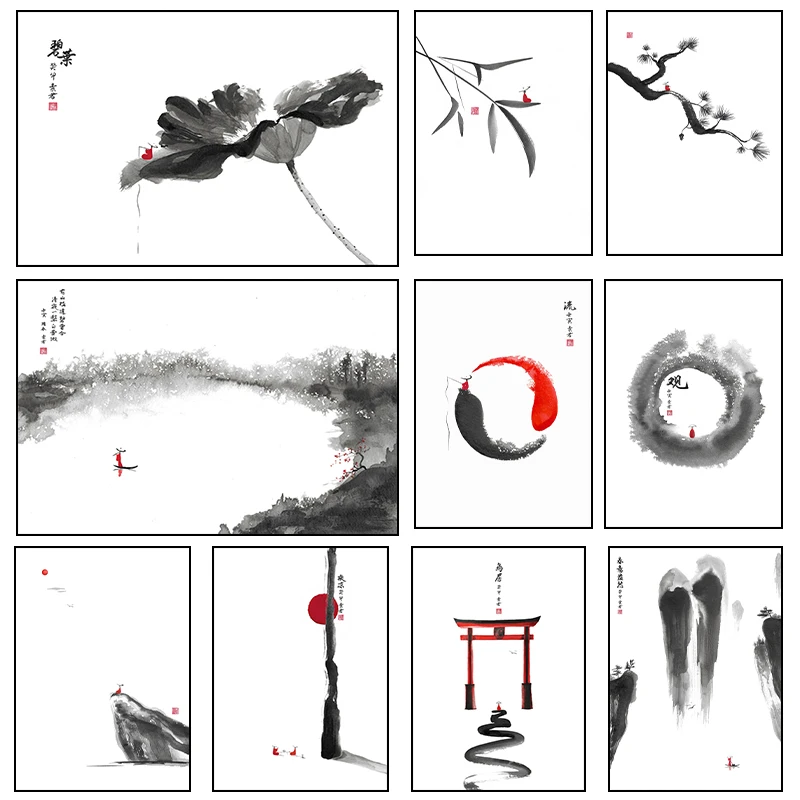 Chinese Traditional Ink Style Meditate Calligraphy Landscape Posters Canvas Printing Wall Art Picture for Zen Room Home Decor