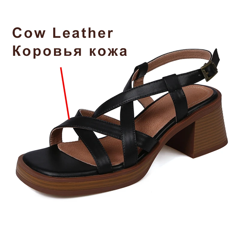 Brand Genuine Cow Leather Sandals Block Mid Heels Women Roma Sandals Square Toe Retro Buckle Sandals Slingback 2023 Trend