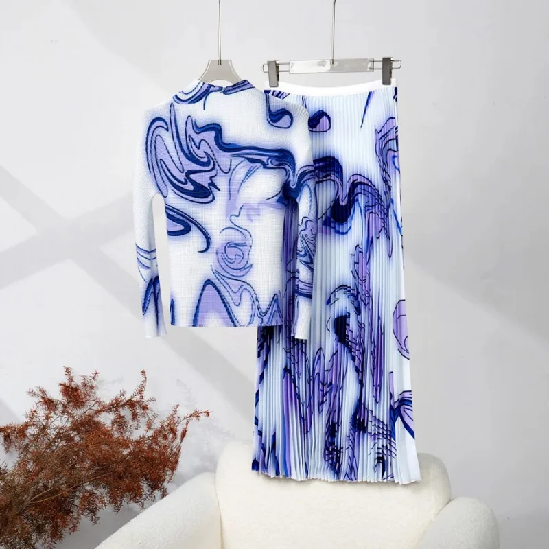 

Fashion Printed Women's Clothing Spring 2024 New Pleated O-neck Slim Fitting T-shirt Top Women's Pleated Skirt Two-piece Set