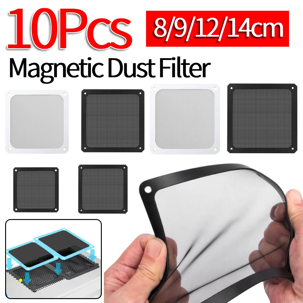 10Pcs 8/9/12/14CM PC Chassis Cooling Dust Filter Magnetic Nylon Frame Dustproof Mesh Cover Anti-dust Computer Case Fan Net Guard