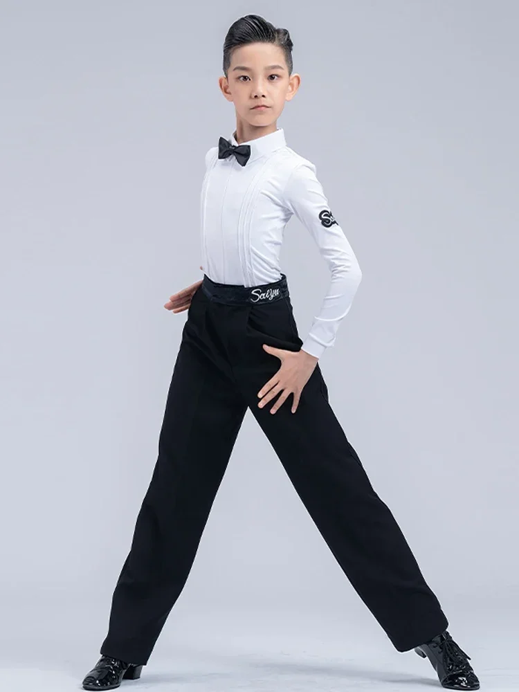 

Boys Latin Dance Competition Clothing White Shirt Black Pants Cha Cha Dance Costume Kid Ballroom Dance Performance Wear DNV17957
