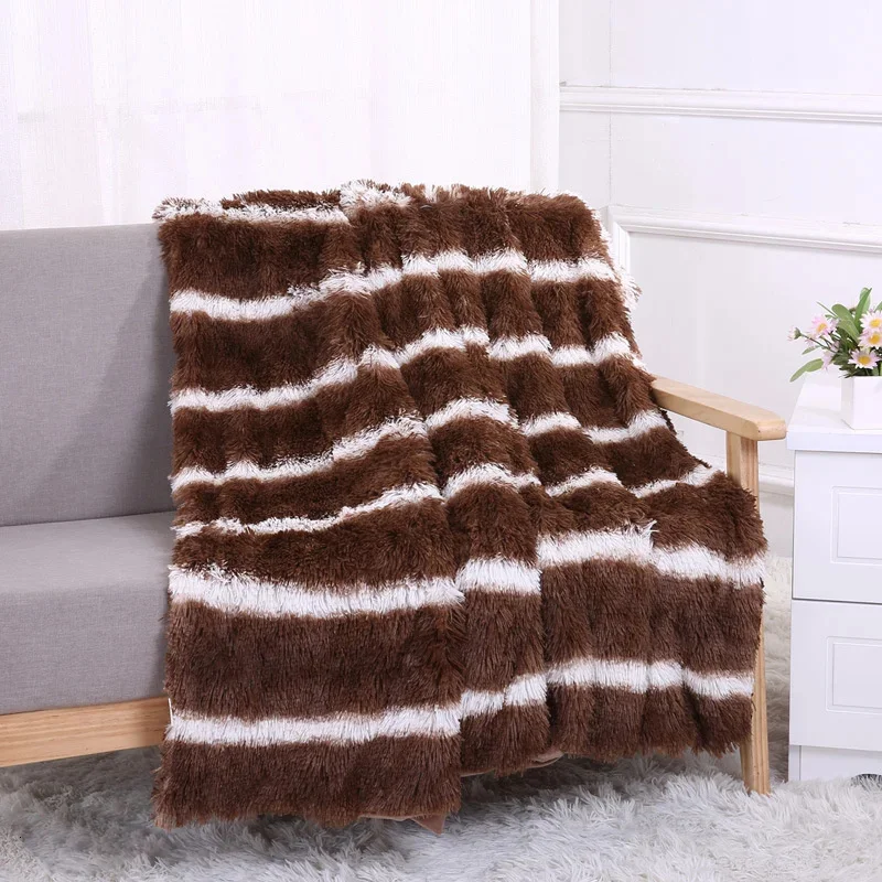 Long Shaggy Downy Blanket Winter Warm Soft Stripe Throw Blanket Decorative Sofa Bed Velvet Air-conditioning Blankets