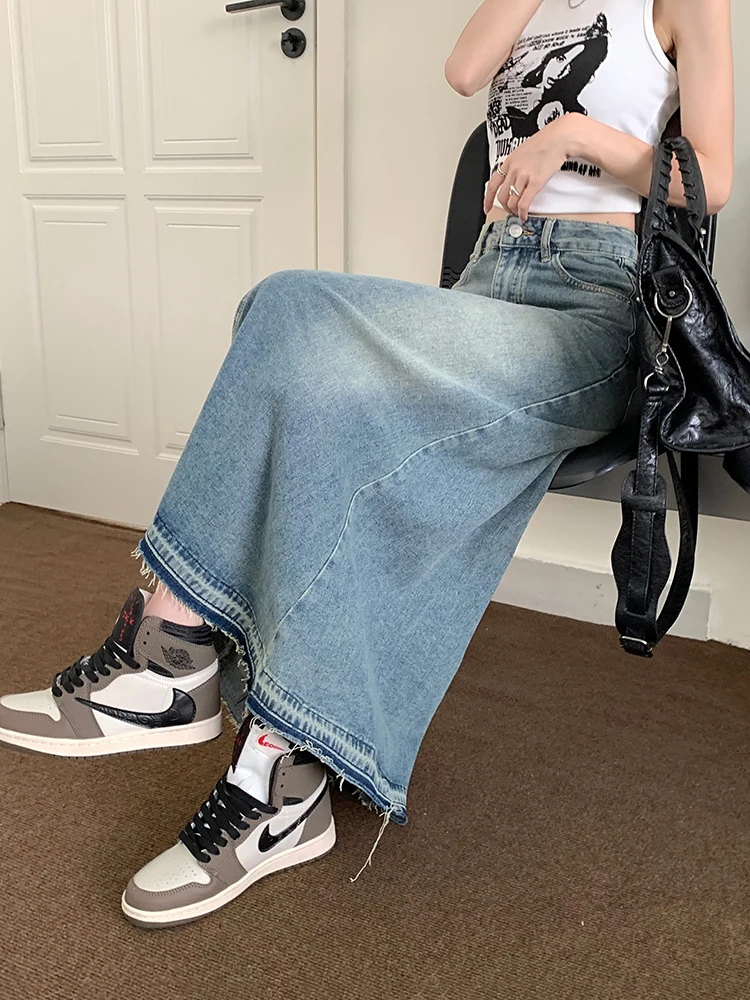 REDDACHiC Y2k Raw Edge Stitch Maxi Denim Skirt Plain Casual High Waist Long Jeans Skirt Korean Dongdaemun Retro Women Streetwear