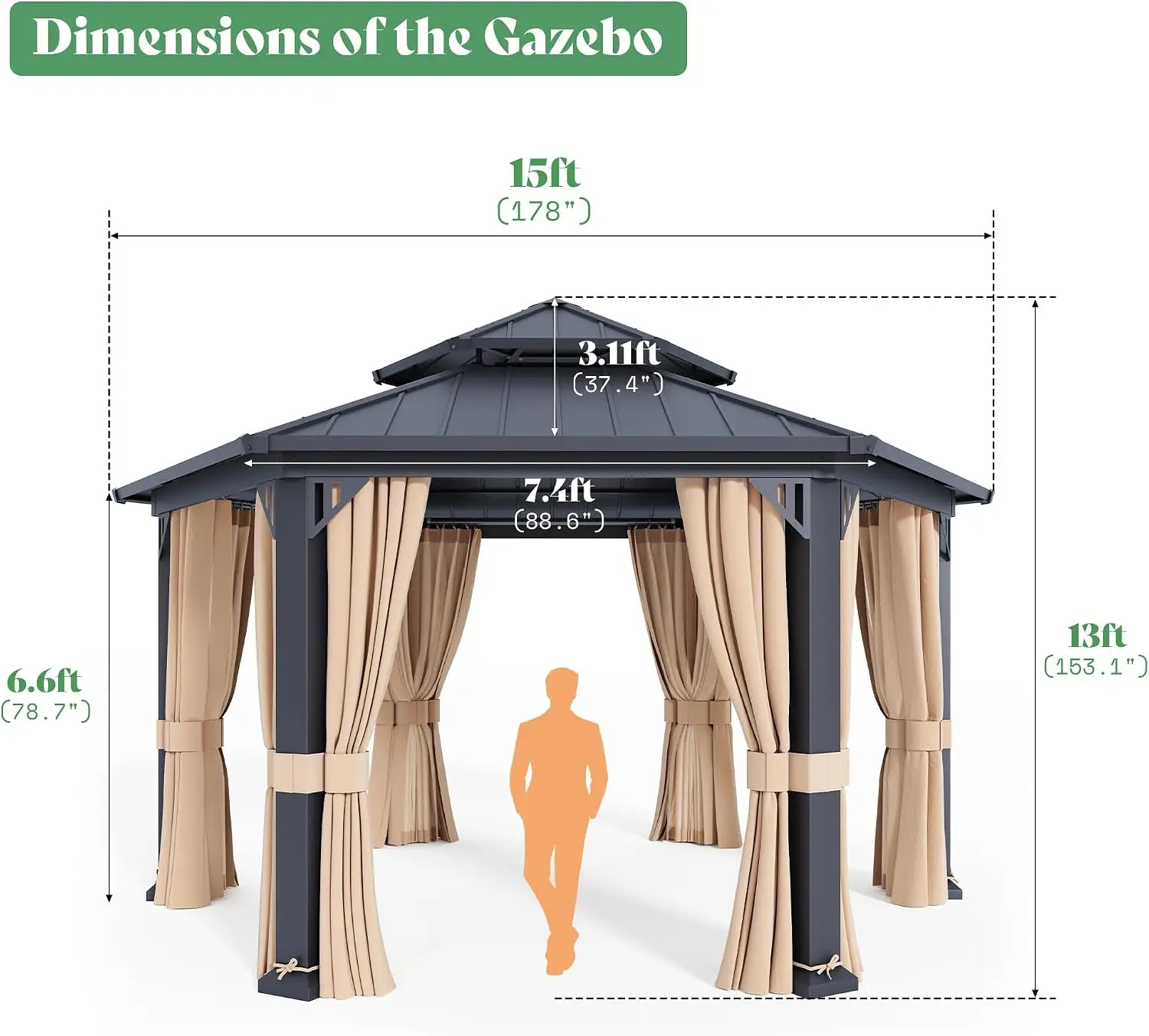 13x15FT Hardtop Gazebo Hexagon Metal Patio Shelter Aluminum Frame Ceiling Hook Netting Curtains Backyard Shade Lawn Garden Outdo