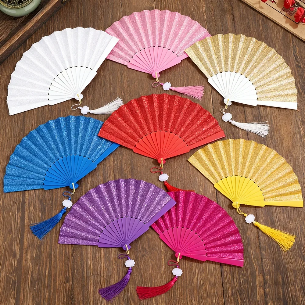 Elegant Plastic Gold Powder Fan Colorful Tassels Folding Fan Chinese Style Handheld Fan Home Decoration