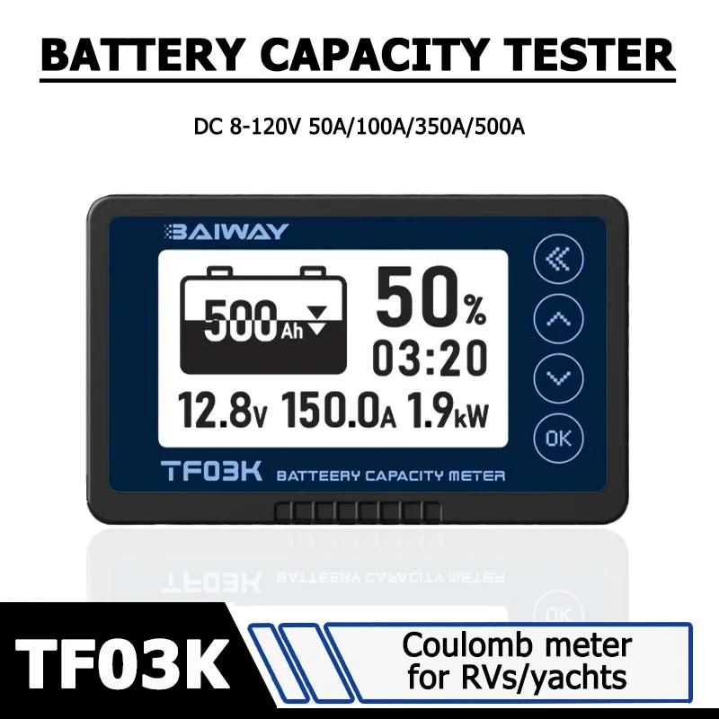 TF03K Coulometer Battery Capacity Indicator Battery Tester DC 8-120V 50A/100A/350A/500A Voltage Current Display Coulomb Meter