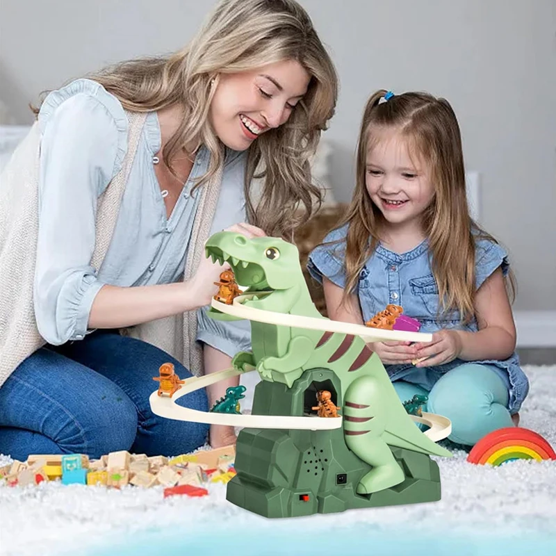 Toddler Dinosaur Climbing Slide Stairs Toy Race Track Game Set Electric Adventure Slide Roller Coaster With Light Music Kid Gift