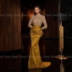 Glitter Sequin Evening Party Gown Cut-Out Satin Long Sleeve High Collar Luxury Mermaid Prom Formal Dresses For Woman Night Gala