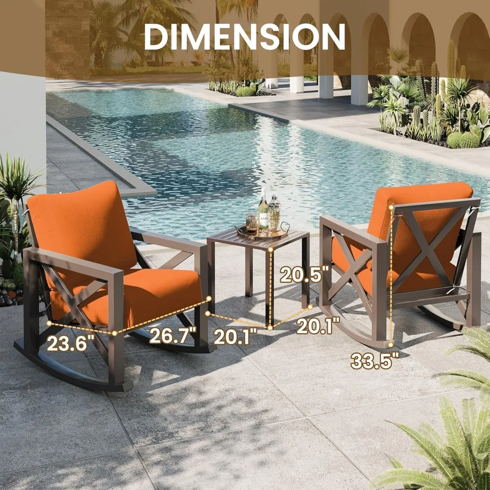 Rocking Chair Outdoor Set 2 with Coffee Table, 3 Piece Metal Rocking Bistro Set with 6.5" Water-Resistant Cushions, Oversized,