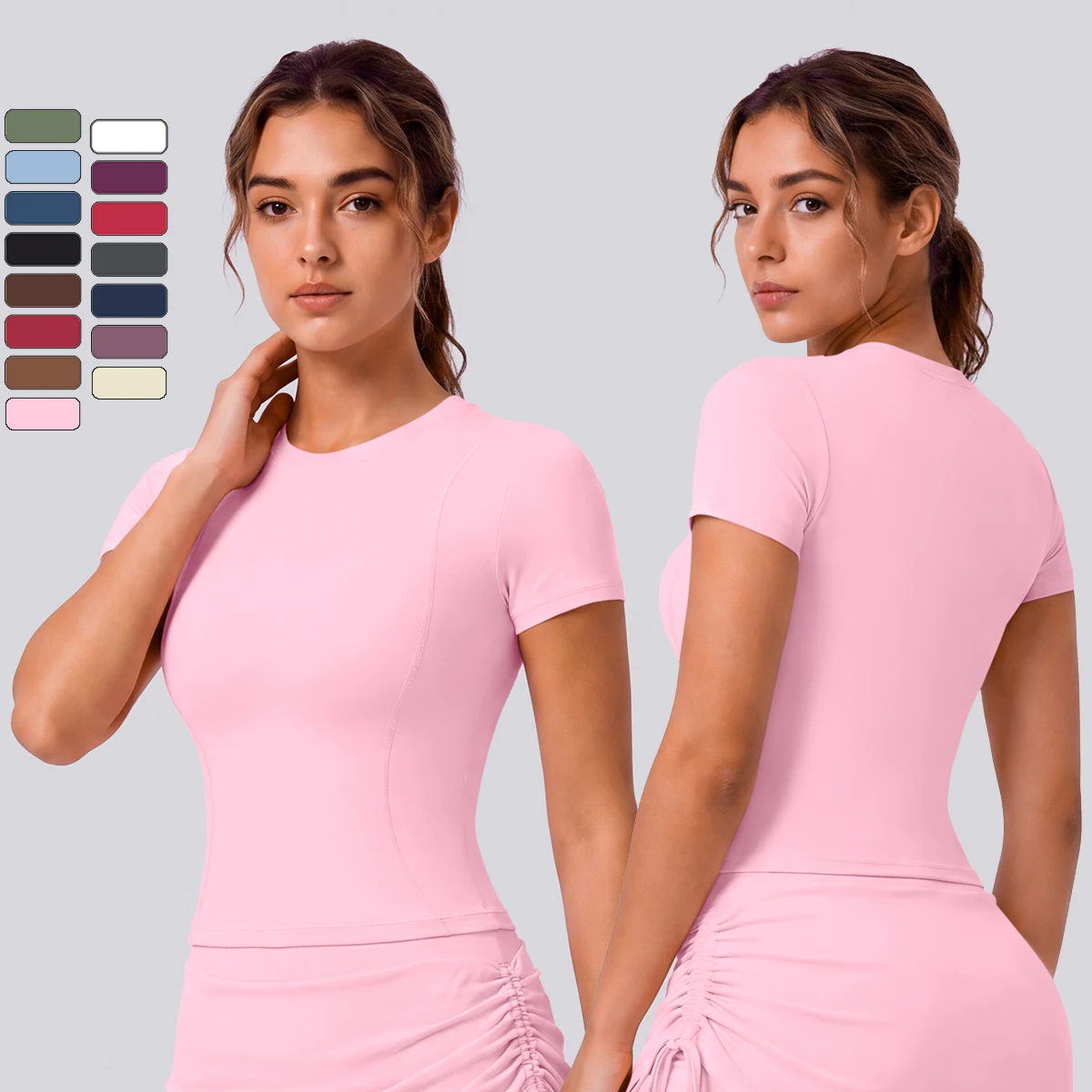 Rooftrellen Quick Drying Tight Yoga T-Shirt for Woman's Gym Yoga Short Sleeve Solid Color Running Shirts Breathable Sports Top