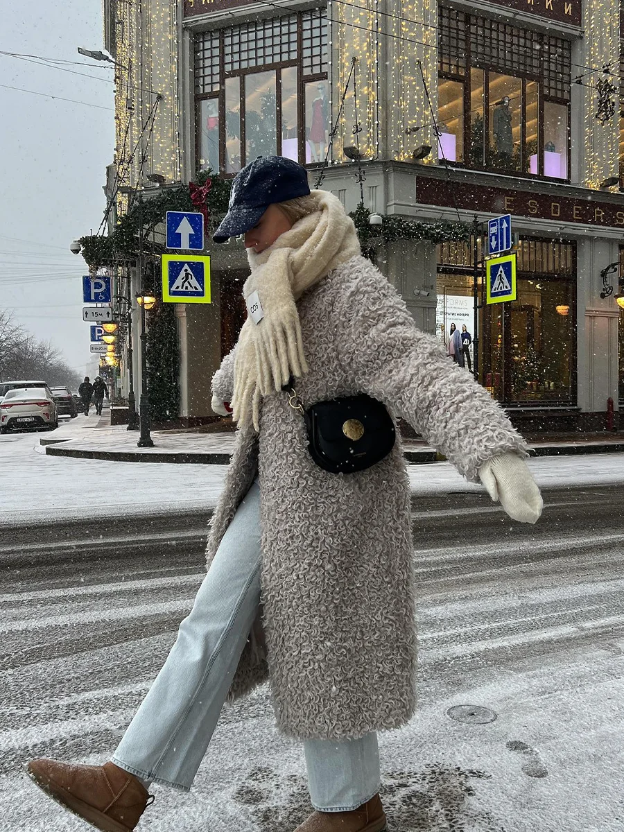 Gray Wool Faux Fur Shearling Long Coat for Women Winter 2025 Winter Fashion Trendy Teddy Maxi Coat Monki Curly Clean Fit Outwear