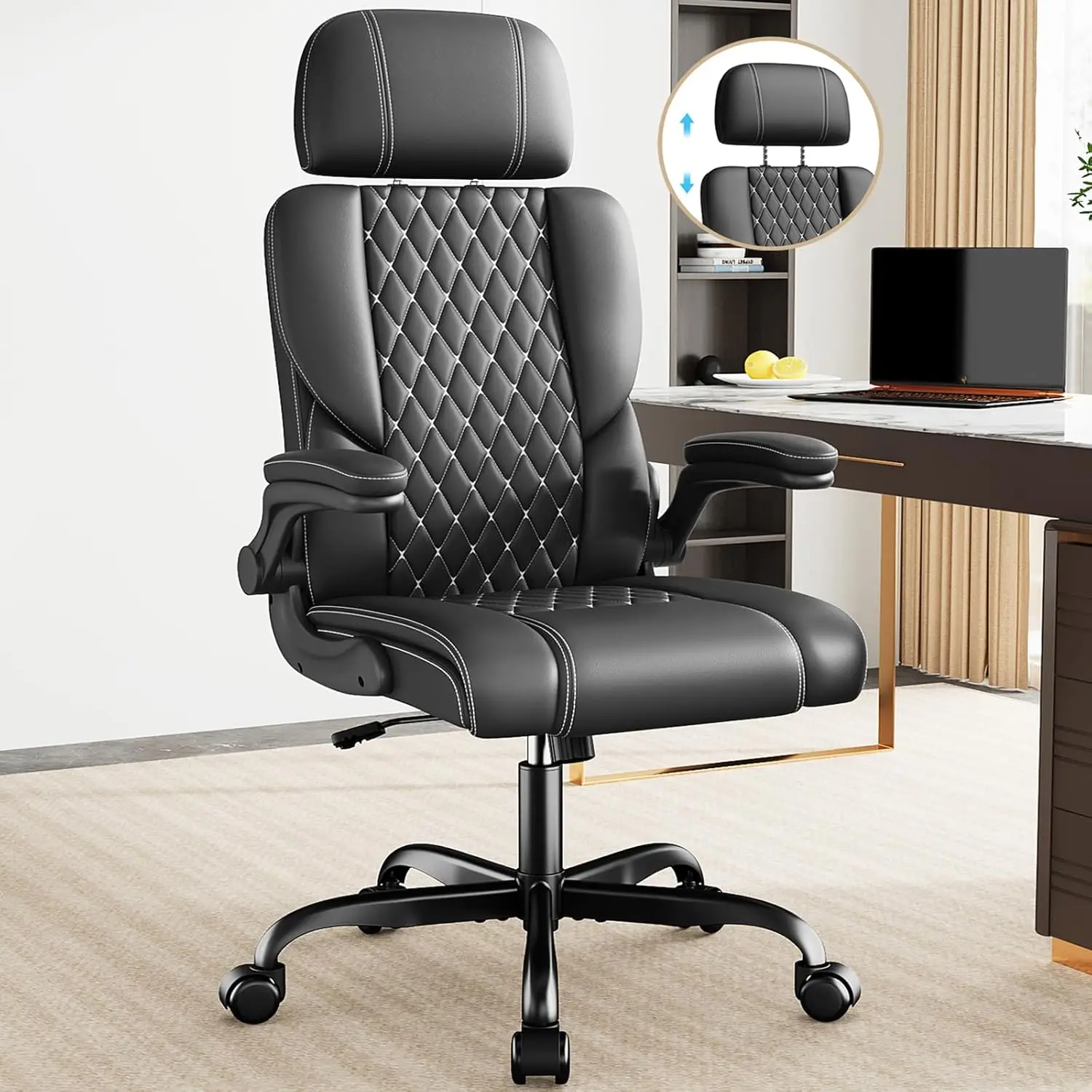 Executive Leather Office Chair Adjustable Headrest Flip Arms Lumbar Support Height Tilt Swivel Black