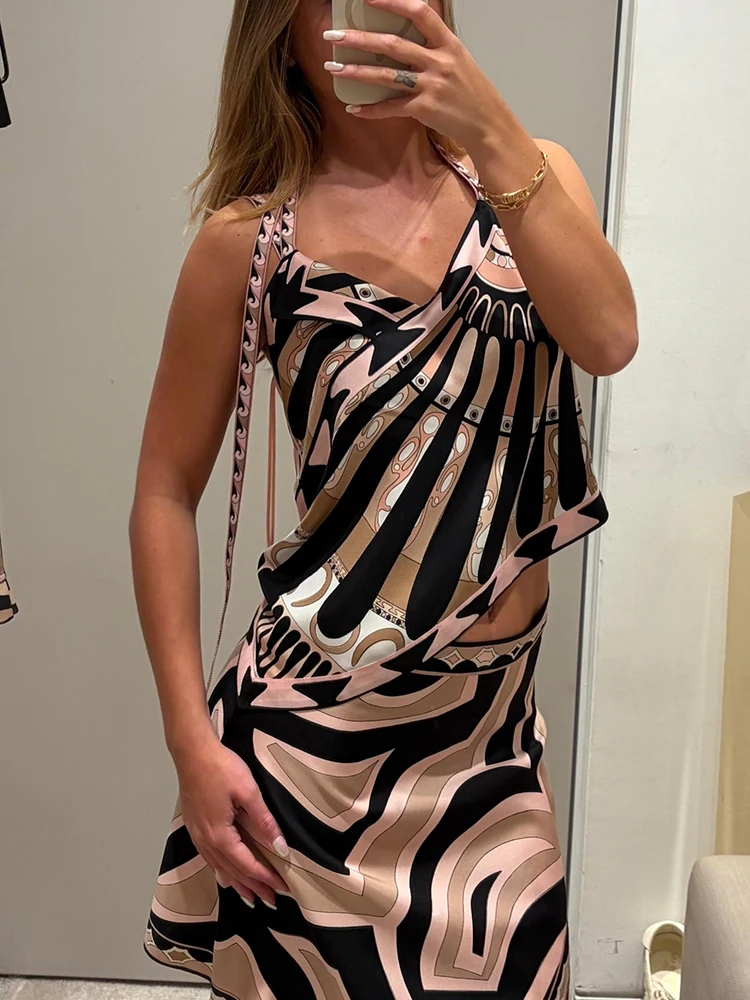 Summer Fashion Outdoors Tourism Geometric Print Asymmetrical Tops Women's Sexy Spaghetti Strap Strapless High Waist Slim Top