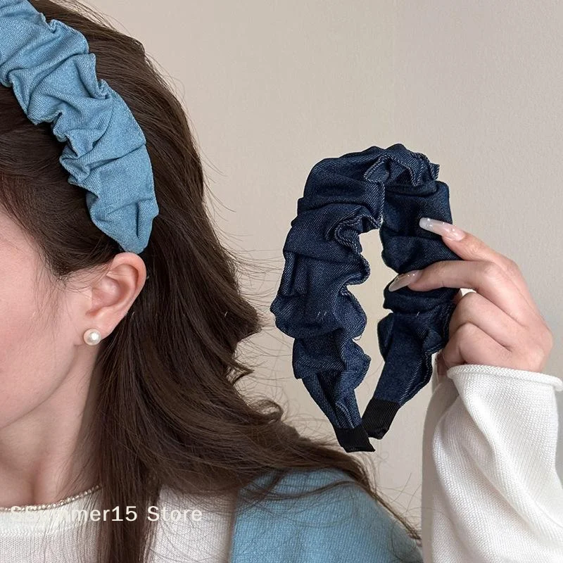 

【R】Denim Fabric Pleated Headband Headdress Women Hair Band Pure Color Pleated Face Wash Headwear Versatile Hair Accessories