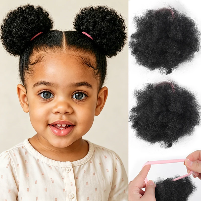 

2Pcs Kids Afro Puff Hair Bun Synthetic Curly Ponytail With Elastic Hair Tie Fluffy Hair Extensions For Girls