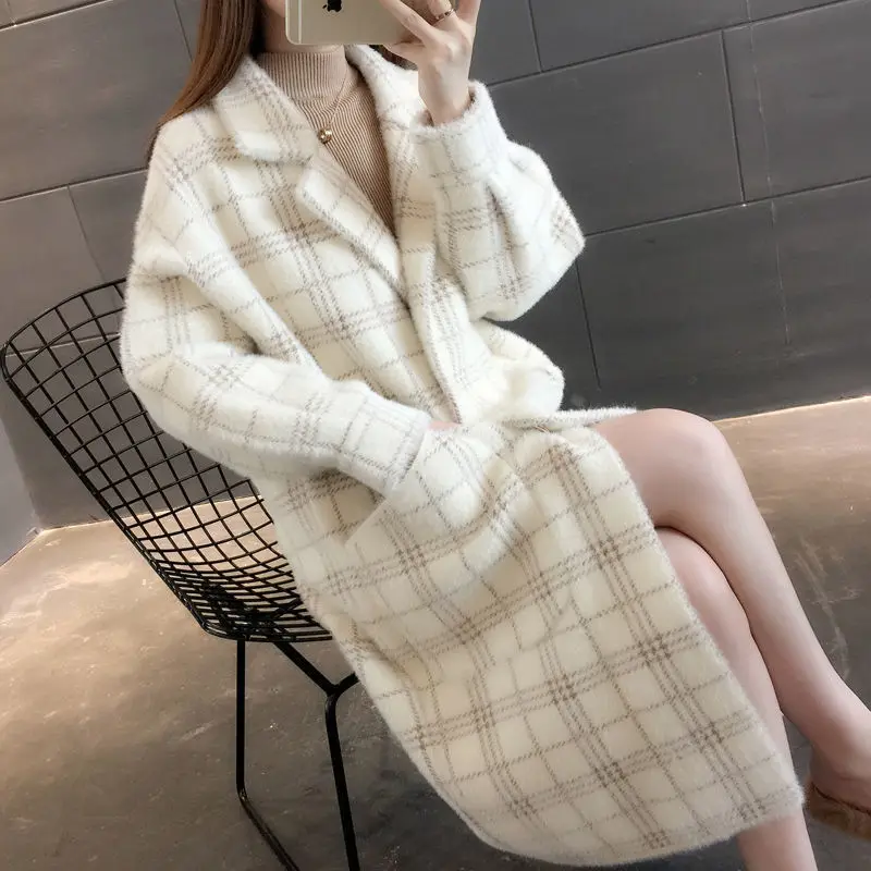 Autumn/Winter Loose Knee Length Thickened Pure Imitation Mink Fleece Knitted Sweater Coat Women's Coat E1867