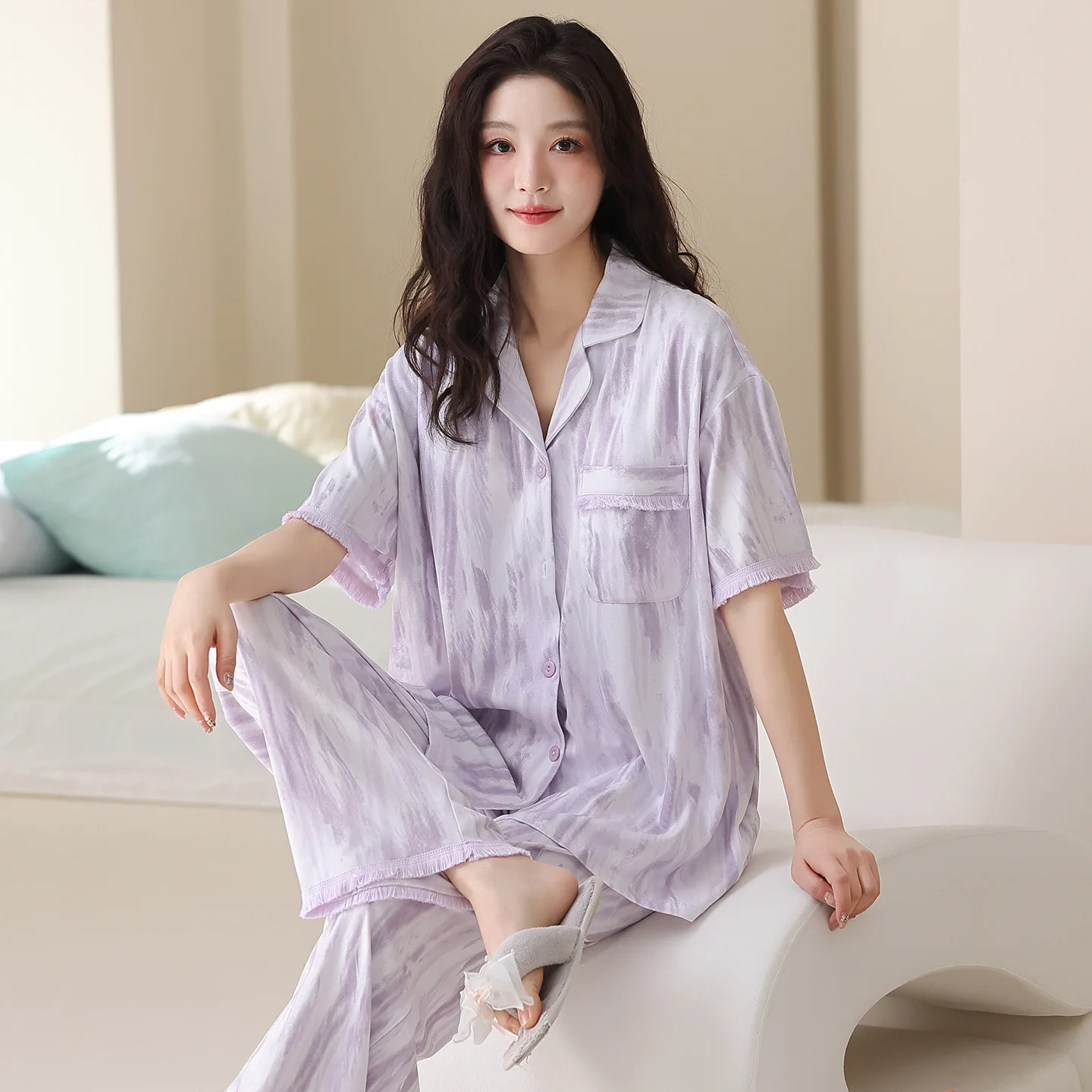 

Korean Fashion 100% Cotton Women's Pajamas set for Summer Cardigan Sleepwear Short Sleeves Long Pant Loungewear Mujer Pijamas