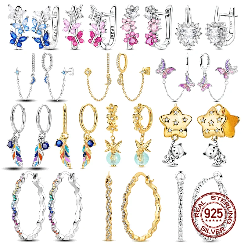 

925 Sterling Silver CZ Zircon Earrings Butterfly Cat Star Hoop Earrings for Women Engagement Wedding Birthday Gift Party Jewelry