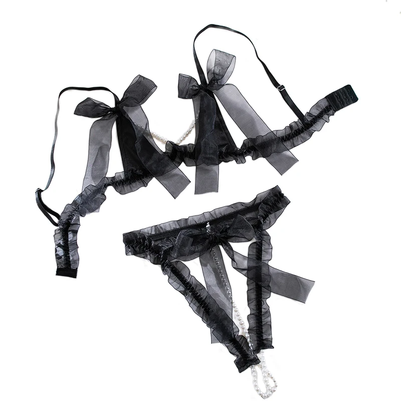 

Sexy Lace Bow See-through Lingerie Set Women Sexy Beads Bras Open-crotch Briefs 2 Piece Set