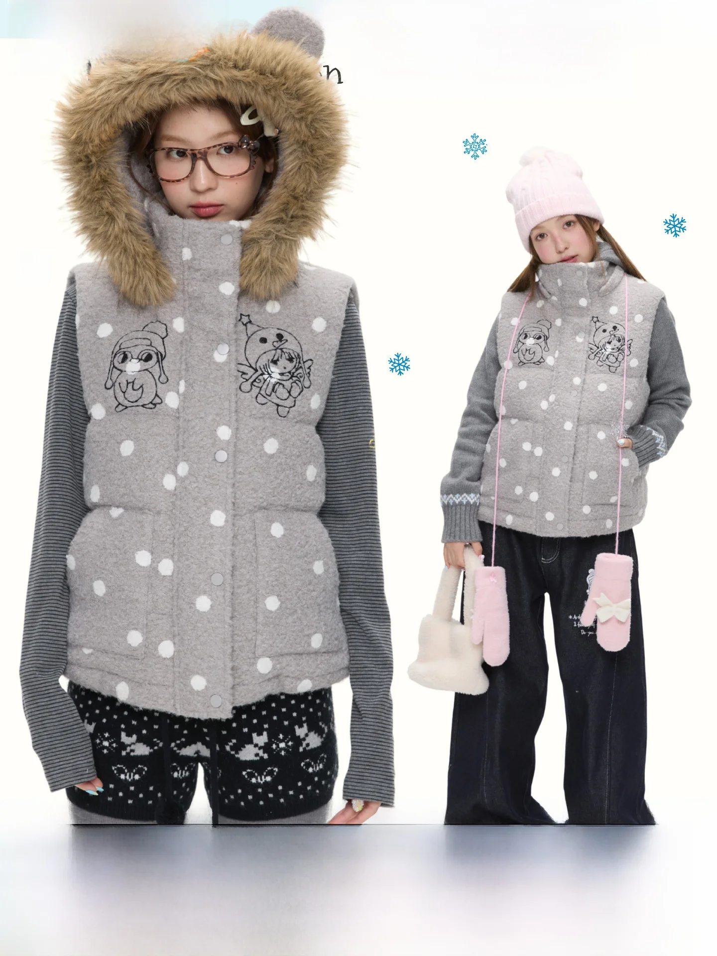 

BENANDx Winter Original Cute Polka Dot Woolen Material Hooded Warm Bear Cotton Vest Women's Faion Straight Cut Embroidered