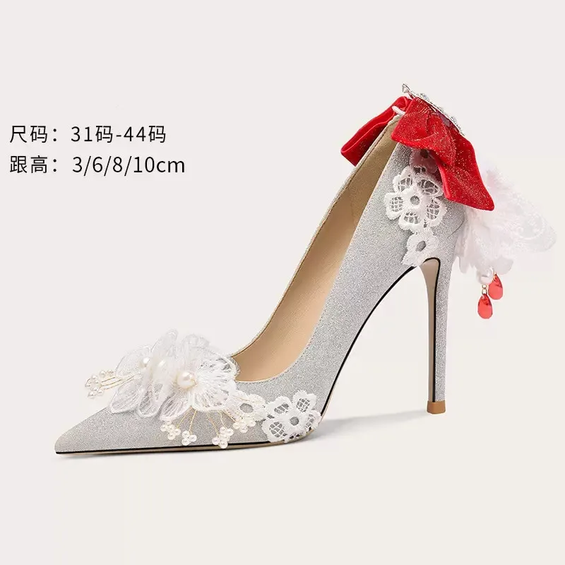 Spring and Summer New Pointed Sequins Pearl Lace Bow Single Shoes High Heels Banquet Dress Versatile Large and Small Women Shoes