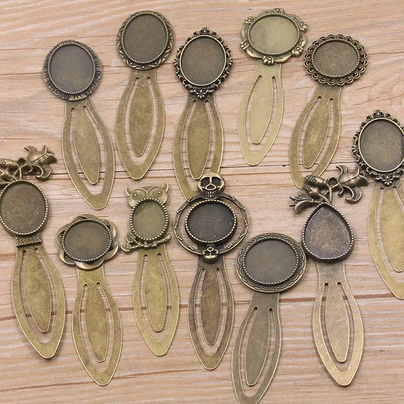 2pcs Antique Bronze Alloy Cameo Mix 11 style Steel Bookmarks Oval Round Heart Cabochon Settings Jewelry Blank Charm