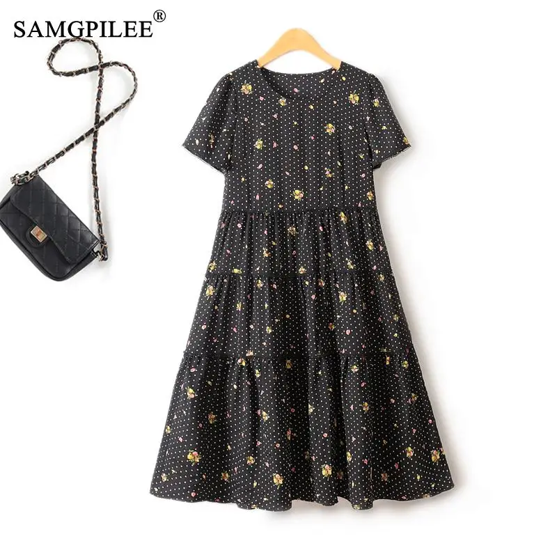 

Sweet Cake Women's Summer Dress 2024 New O Neck Thin Chiffon Short Sleeve Pinch Pleat A Line Polka Dot Drape Fashion Dresses