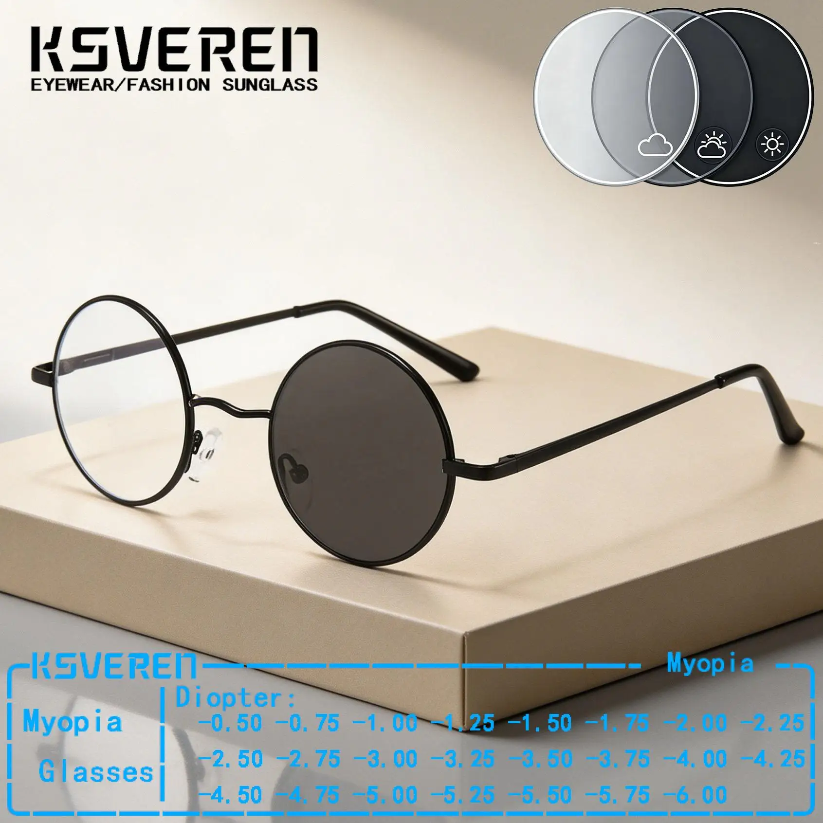 

Designer Alloy Circular Photochromic Myopia Glasses Men Women Color Changing Finished Nearsighted Eyewear Negative Diopter