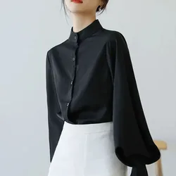 GIDYQ Vintage Chiffon Shirts Women Lantern Sleeve Black Blouses Korean Elegant Office Lady Solid Loose Casual Tops New