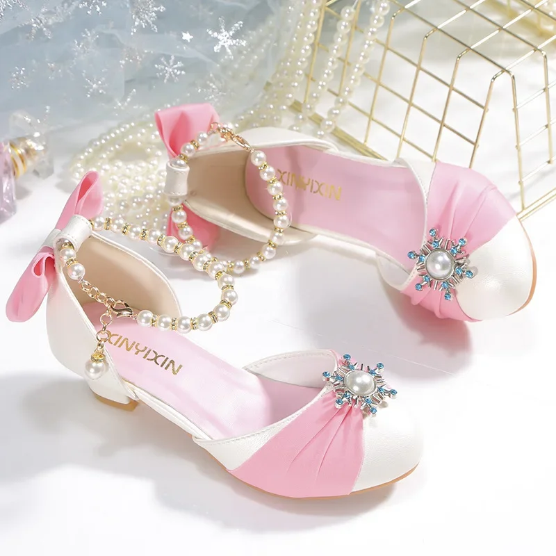 2024 New Girls\' Sandals Spring Summer Kids Non-slip Children\'s Wedding Party Shoes School Students Pearl Crystal Princess Shoes