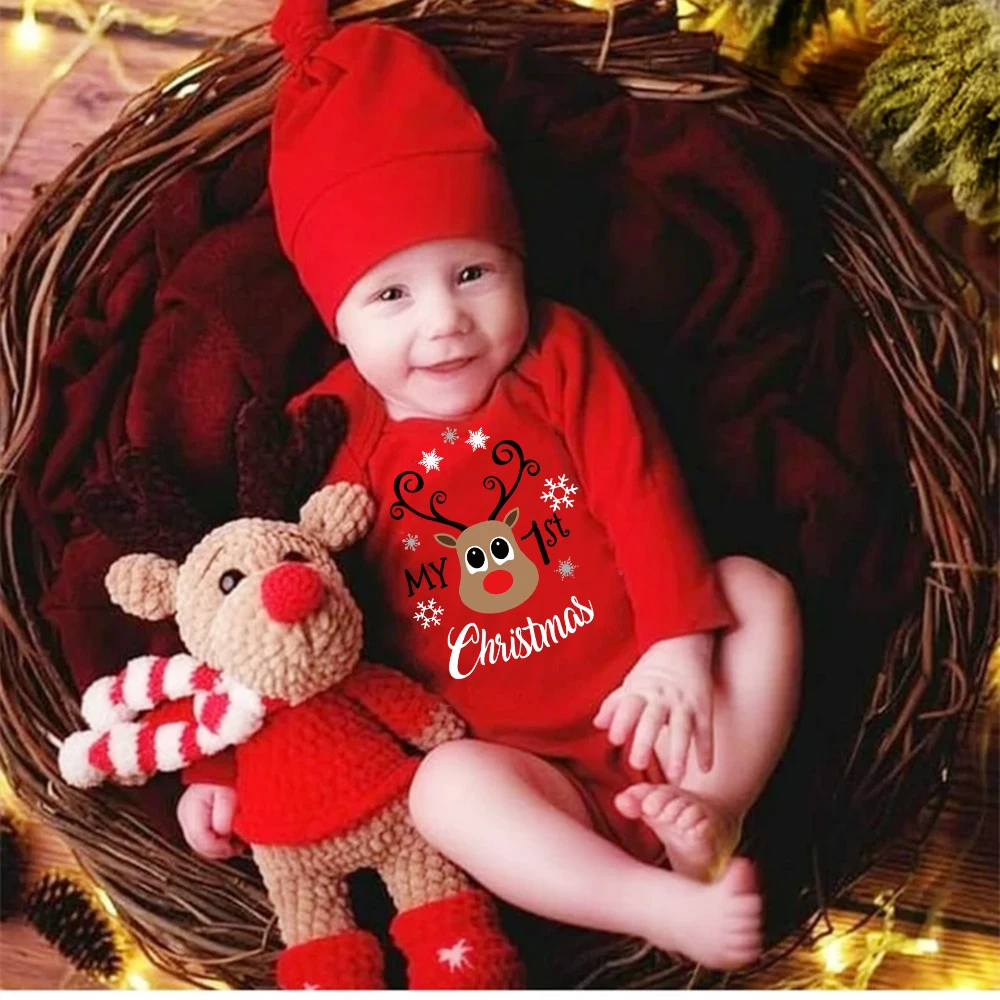 My First Christmas Newborn Bodysuit Baby Cotton Long Sleeve Romper Deer Print Outfit Infant Baptism Jumpsuits Clothes Xmas Gifts