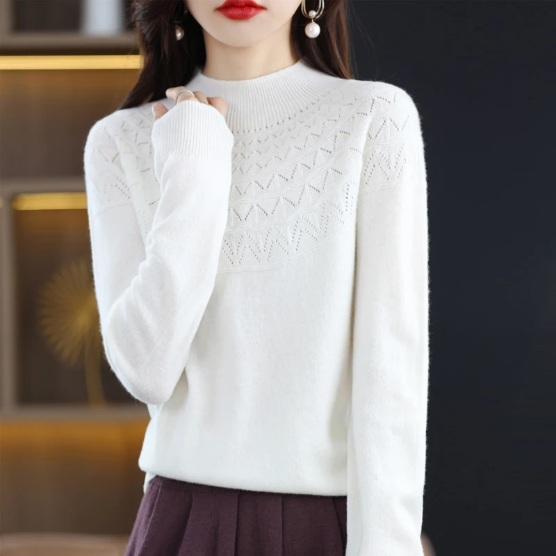 Ropa de lana 100% pura para mujer, jersey de Cuello medio alto ahuecado, de Color sólido, listo para usar, NJRG-1105