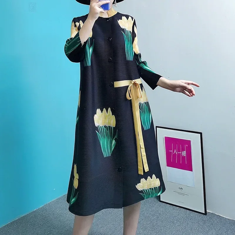 Wrinkled Trench Coat Stand Up Collar Single Breasted 2025 Spring and Autumn New Loose Lazy Jacket Printed for Women