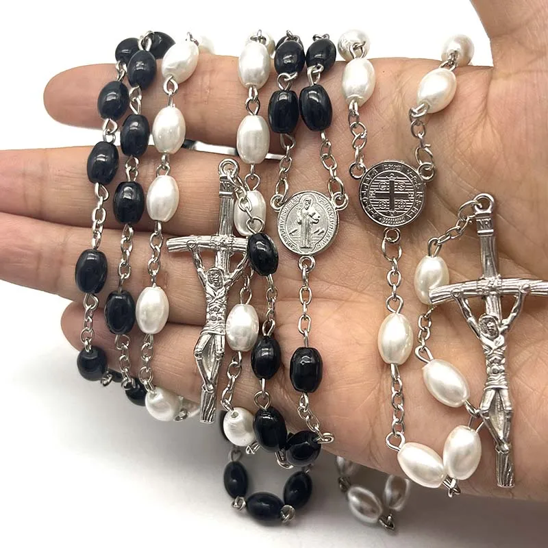 Religious  8*6  Oval  Glass  Pearl  Rosary  Beads  Curved  Needle  Cross  Necklace  Catholic And Can Be Given As Gift Can Prayer