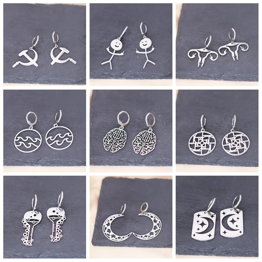 Kinitial Stainless Steel Uterus Ocean Wave Brain Moon Meditation Yoga Girl Skiing Earrings For Women Trendy Piercing Jewelry