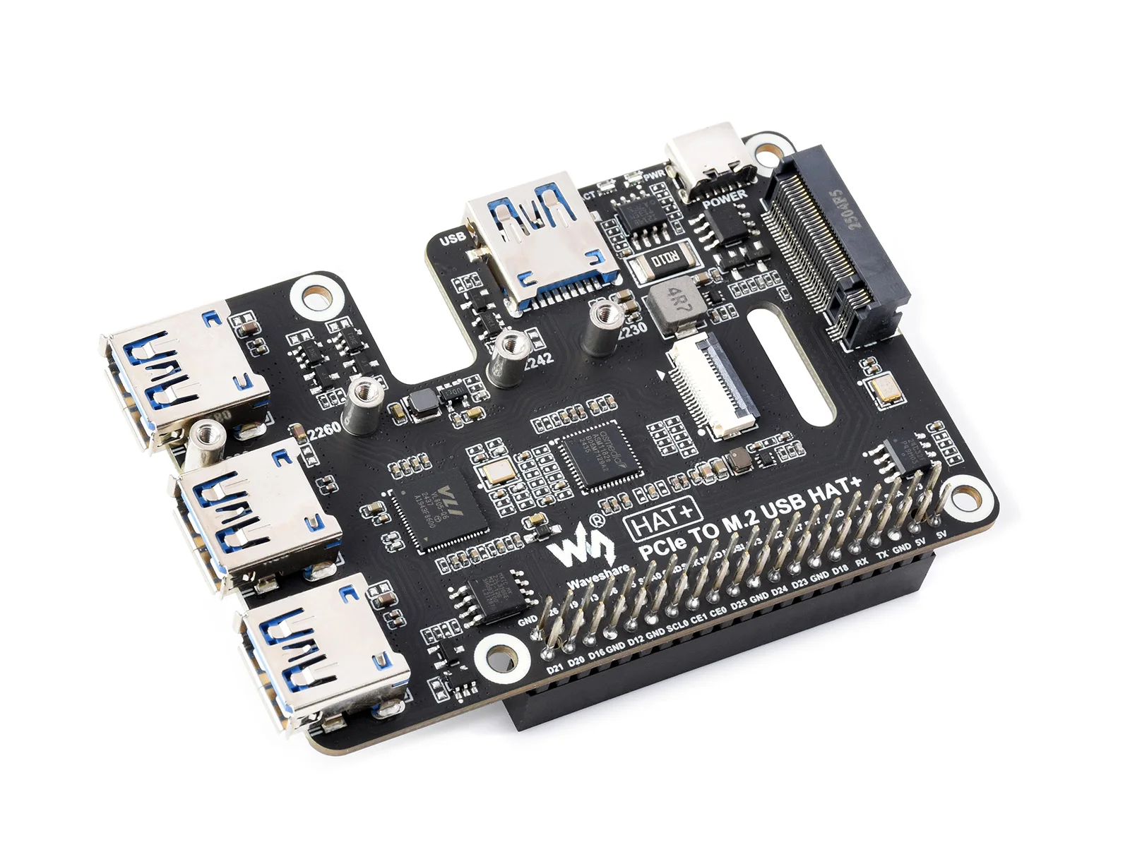 PCIe TO M.2 USB HAT+,PCIe To USB 3.2 Gen1 And M.2 HAT For Raspberry Pi 5,Expands 4-Ch USB 3.2 Ports,HAT+ Standard
