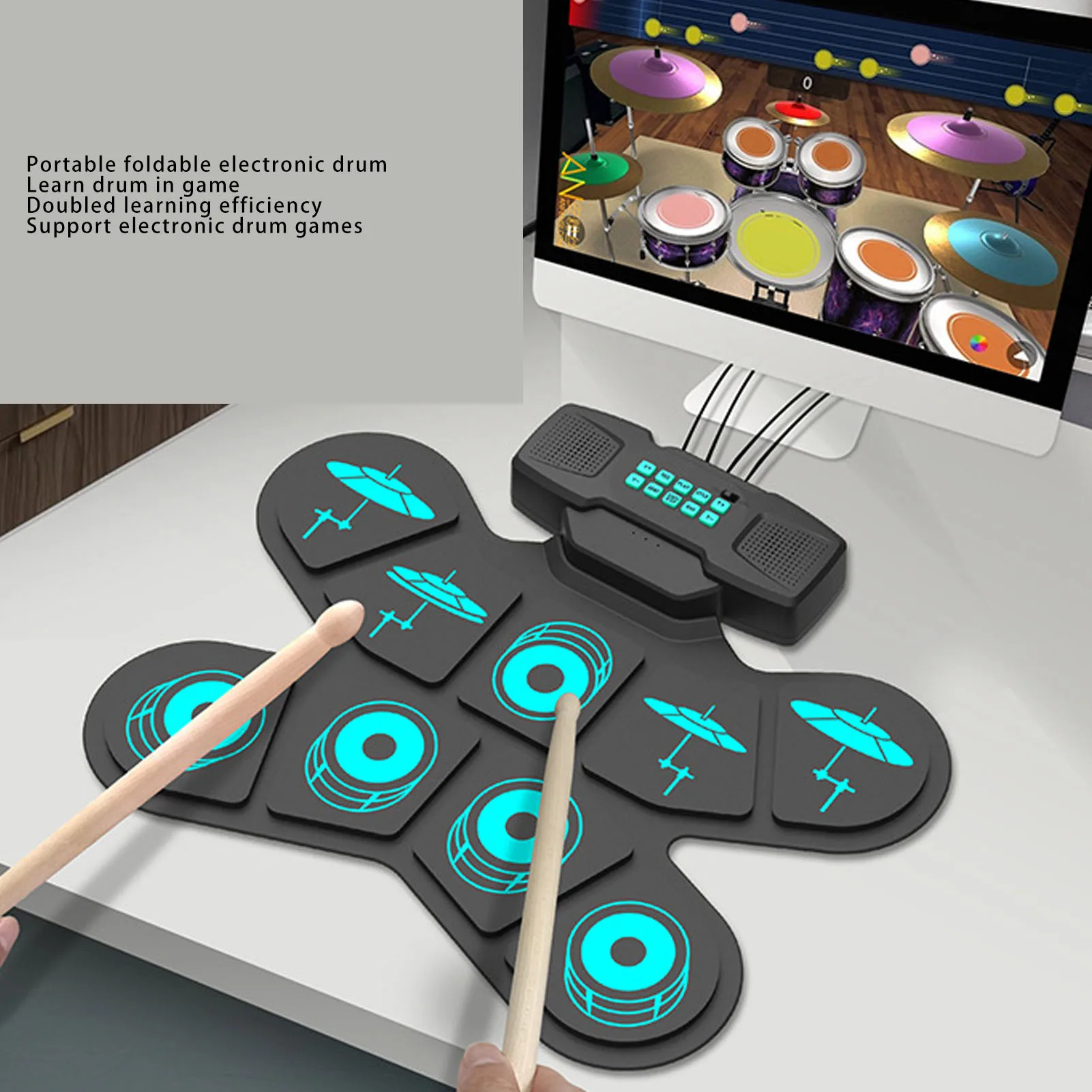 

9-подушечная электронная барабанная установка, электрическая барабанная установка, детский 9-подушечный свернутый тренировочный инструмент с палочками, разъем для наушников, динамик, педали