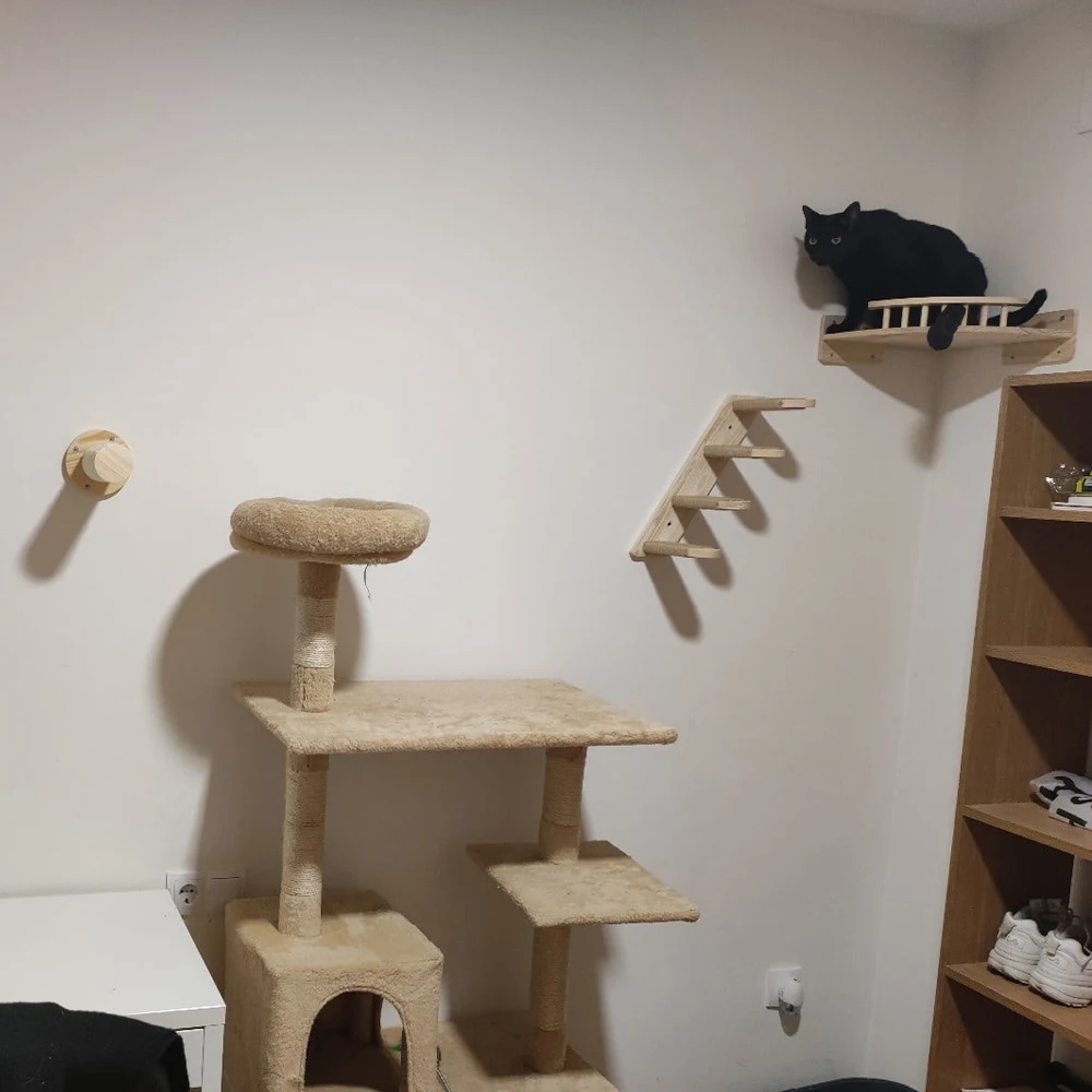 Wooden Wall Mounted Cat Climbing Shelves Cat House and Platform with Stairway for Kitten Playing and Sleeping Cat Accessories