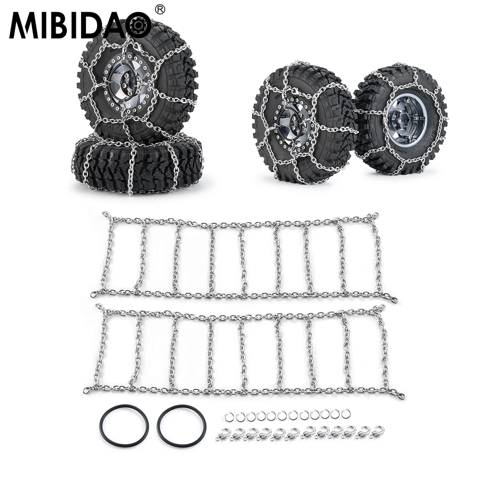 MIBIDAO 4 szt. Metalowe Łańcuchy Śniegowe na Koła Antypoślizgowe Łańcuchy Bezpieczeństwa na Śnieg do 1/10 RC Rock Crawler TRX4 TRX6 Axial SCX10 90046 D90