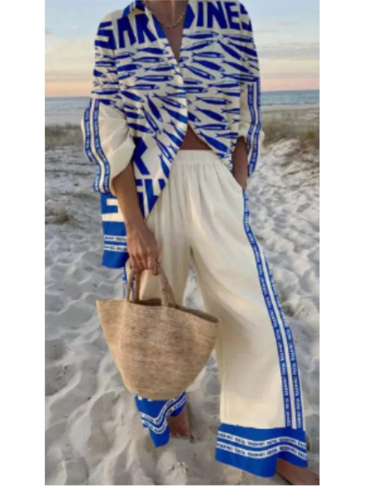 Zomer Nieuwe Vakantie Stijl Cruise Print 2-delige set Revers Shirt + Wijde pijpen Broek Voor Vrouwen Casual Cruise Outfit Strandvakantie