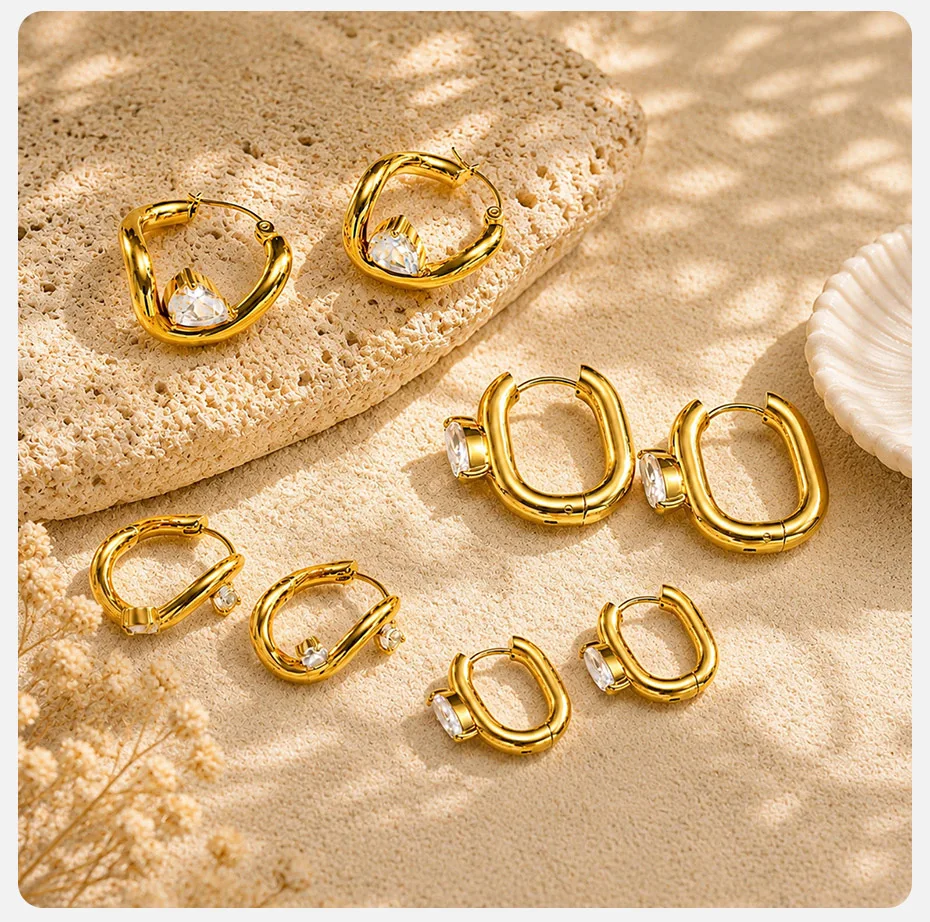 Vnox Trendige Vergoldete Geometrische Creolen für Damen, Edelstahl AAA Zirkon U-förmige Huggie-Ohrringe, Zierlicher Schmuck als Geschenk – Detail 8