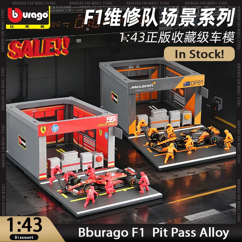 nouveau-en-stock-bburago-f1-1-43-pit-pass-alliage-miniature-moule-sous-pression-modele-piece-pit-crew-plastique-paddock-garage-avec-pit-lane-sf24-jouet