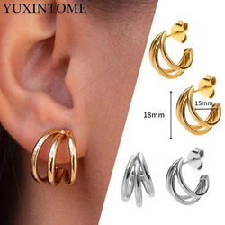 925 Sterling Silver Ear Needle Metallic Style Minimalist Triple Band Chunky Open Hoop Earrings for women Stylish Wedding Jewelry