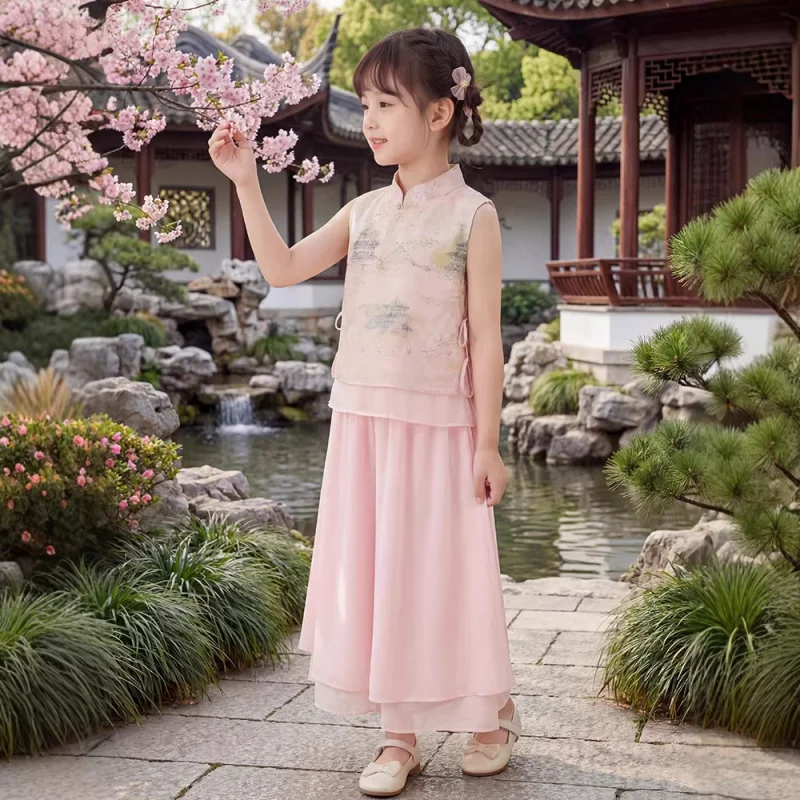 2026New Hanfu Summer Outfit for Children, Stylish New Chinese Style Top and Pants Two-Piece Set, Little Girl's Ancient Style Sui
