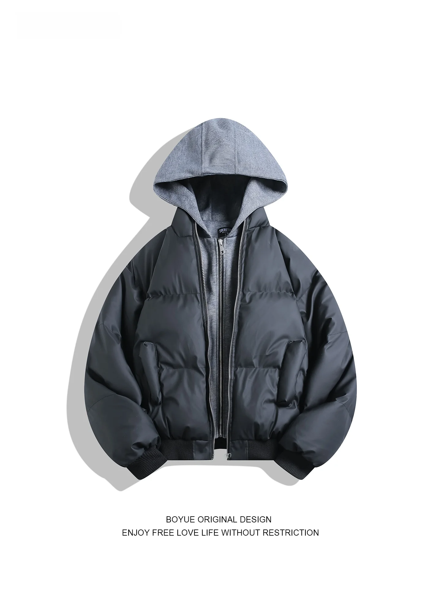 

Boyue Winter Thiened PU Leather Hooded Jaet Simple Sli Fake Two-Piece Cotton Coat for Men And Women Warm Outerwear