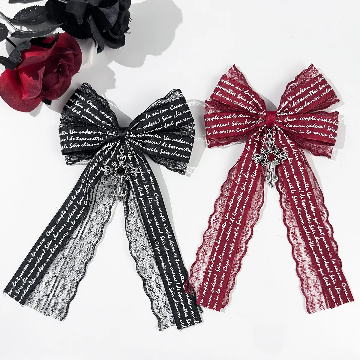 

20 PCS/Lot, 5.3" Gothic Style Letter Printed Ribbon Lace Bow Hair Clips For Women Girls Y2K Lolita Hair Accessories