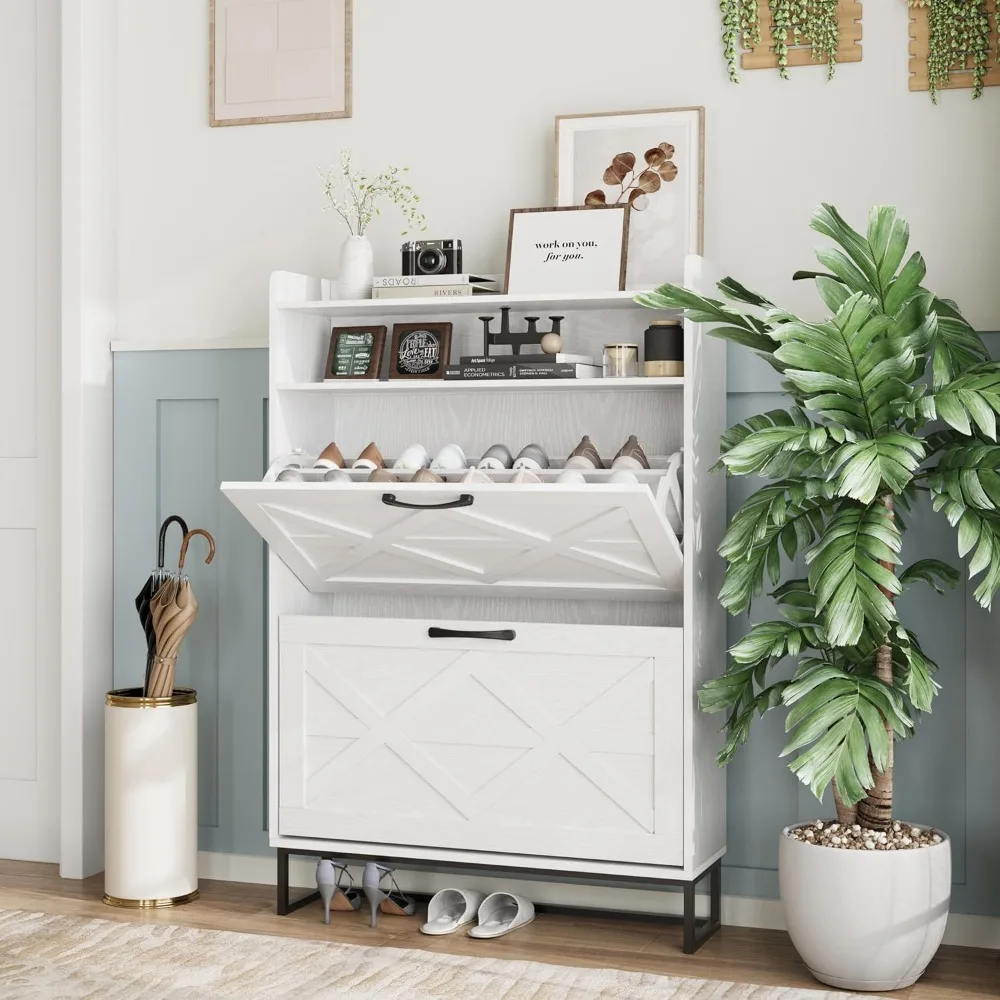 

Shoe Cabinet with 2 Flip Drawers, Narrow Shoe Storage Cabinet for Entryway, Freestanding Shoe Cabinet with Metal Legs &